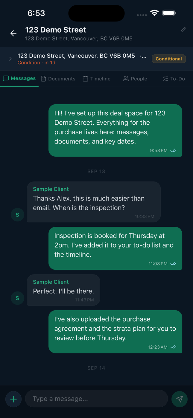 The keyline mobile app, showing a deal space conversation between an agent and their client.